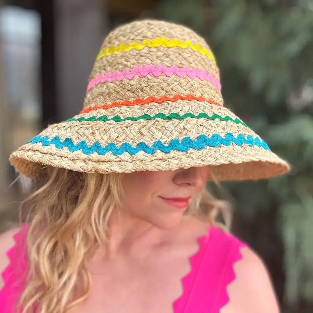 Raffia Bucket Hat with Colorful Ribbon Trim