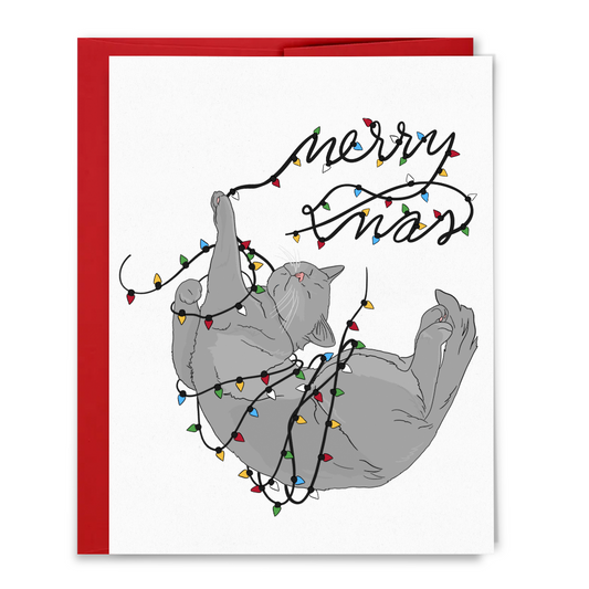 Merry Christmas Cat Wrapped in Christmas Lights Holiday Card
