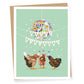 Birthday card with chickens wearing party hats and a colorful balloon on a light green background.