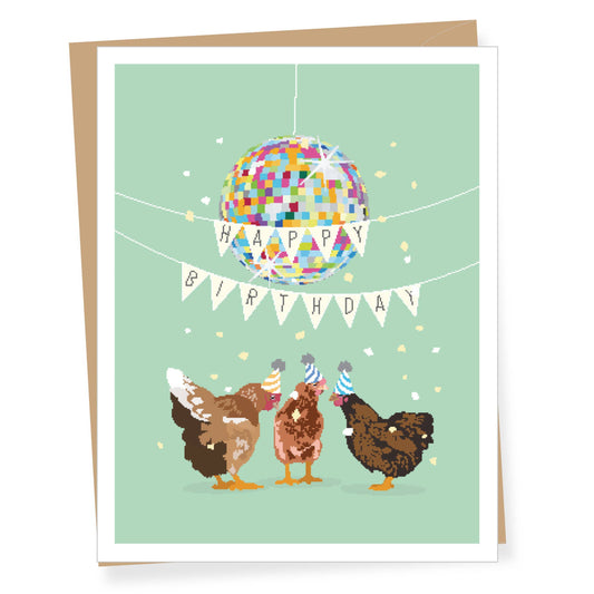 Birthday card with chickens wearing party hats and a colorful balloon on a light green background.