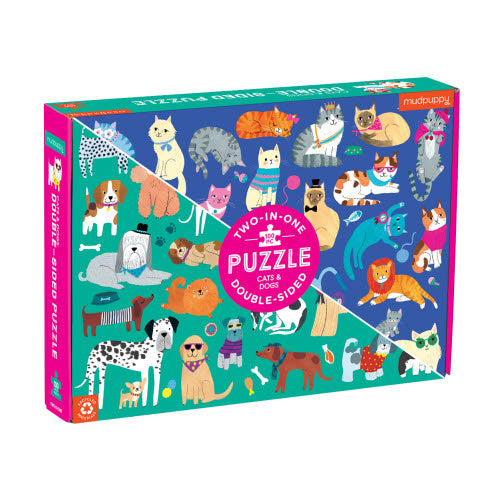 Two-in-one puzzle box with cats and dogs illustrations on a blue background