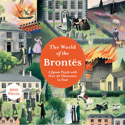 Jigsaw puzzle box cover featuring illustrations of characters and scenes from the Brontès with a large orange circle in the center.