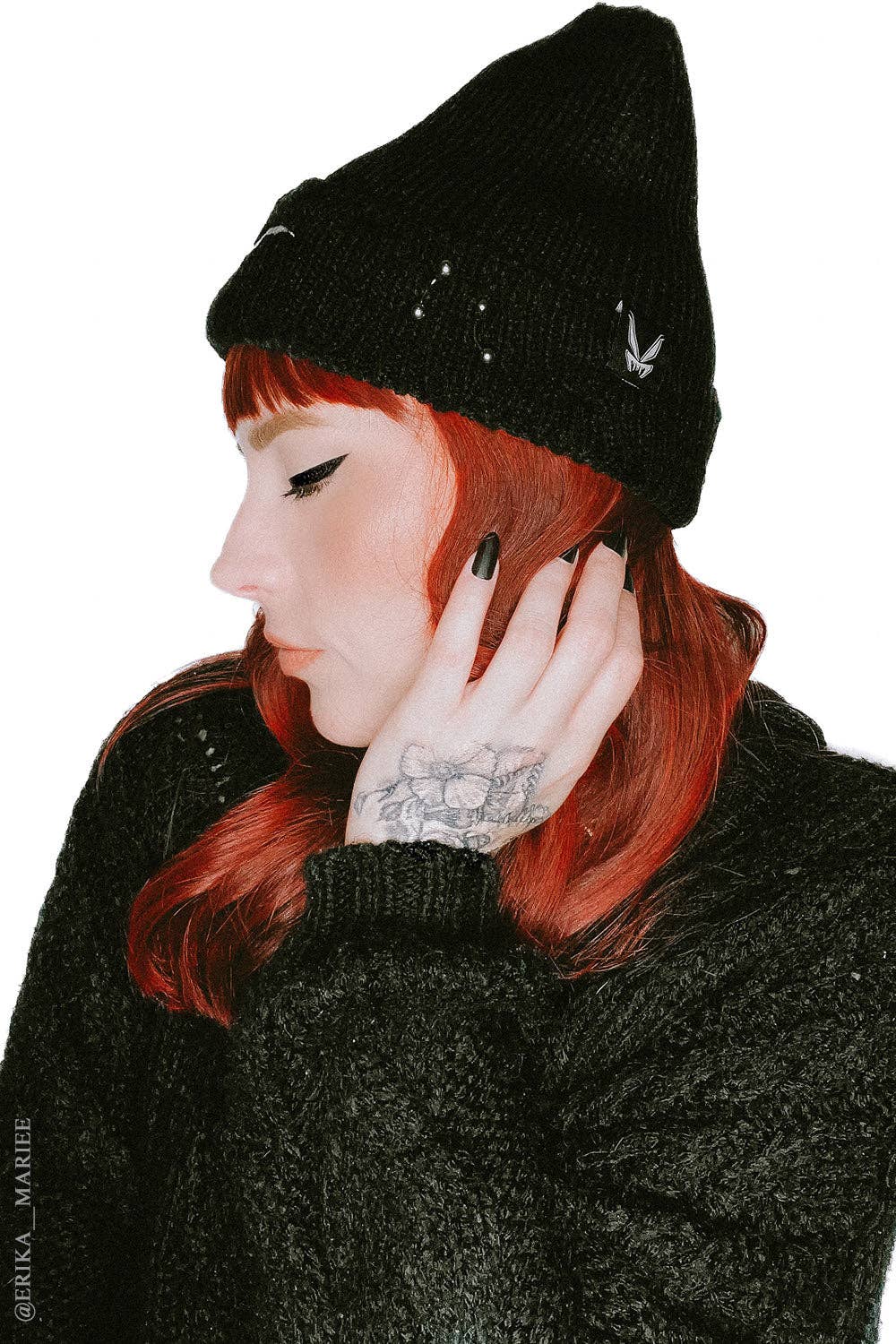 Distressed Pierced White Bat Beanie