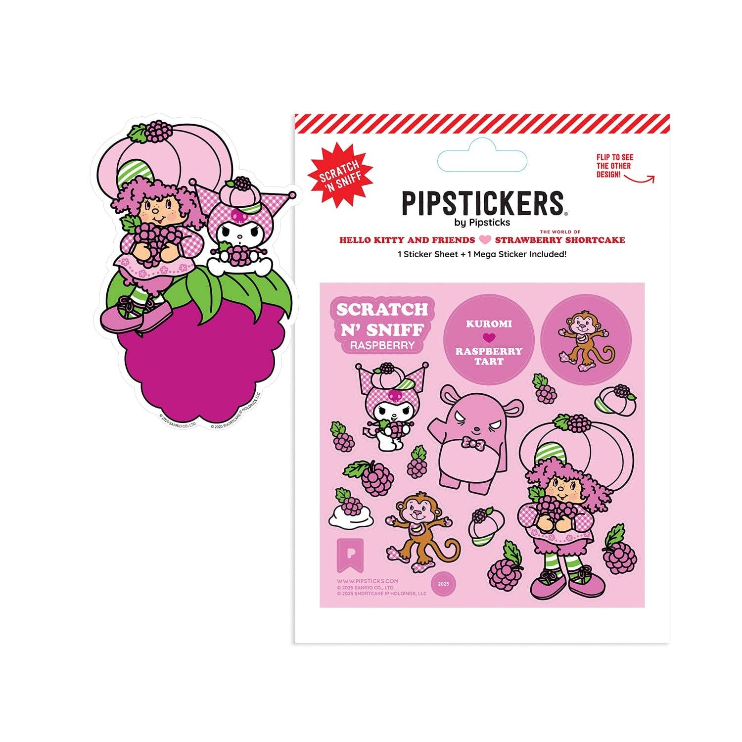 Pipsticks Strawberry Shortcake and Hello Kitty Friends sticker sheet with packaging on a white background