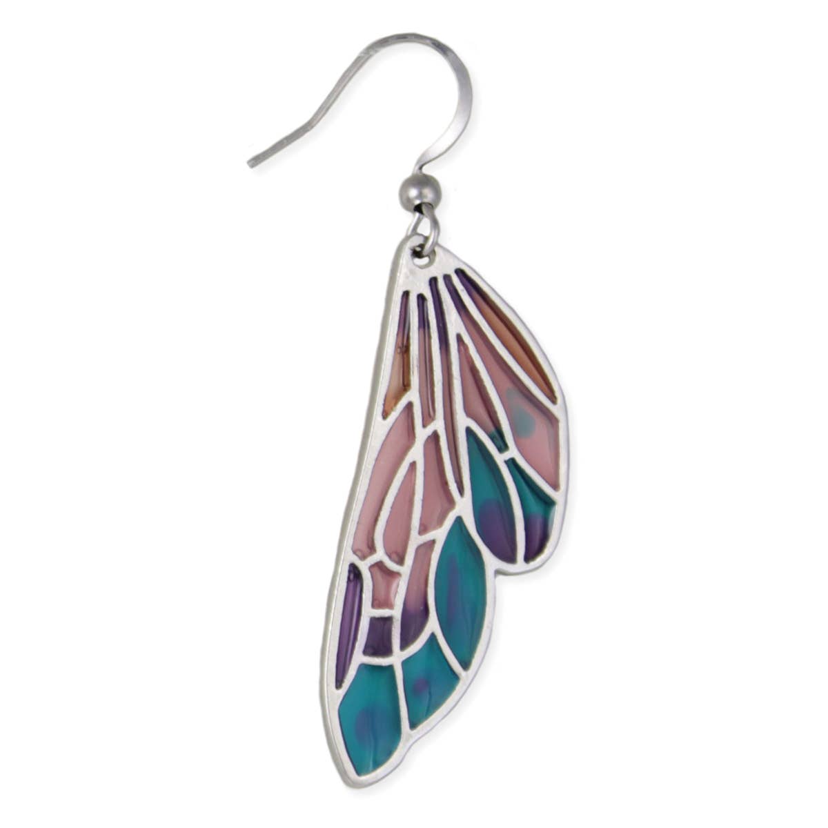 Multicolored wing-shaped earring on a white background