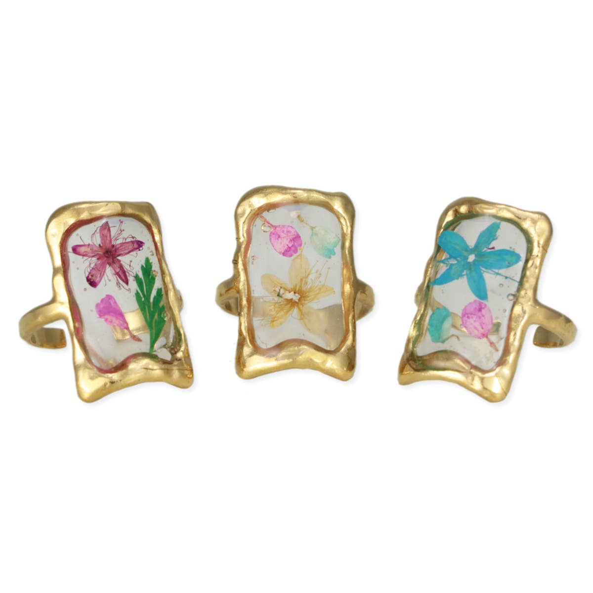 Rectangle Gold Dried Flowers Ring