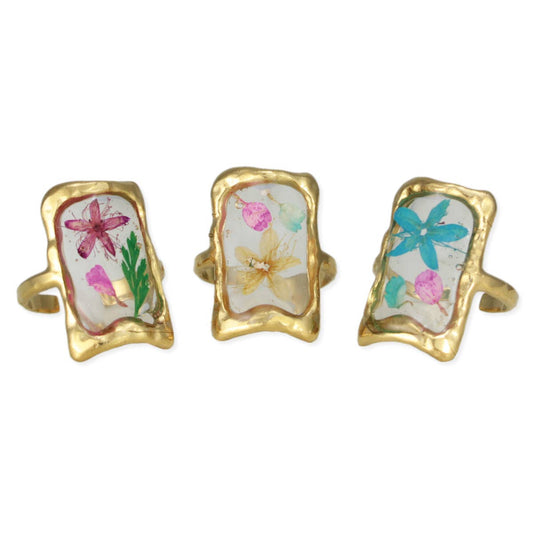 Rectangle Gold Dried Flowers Ring