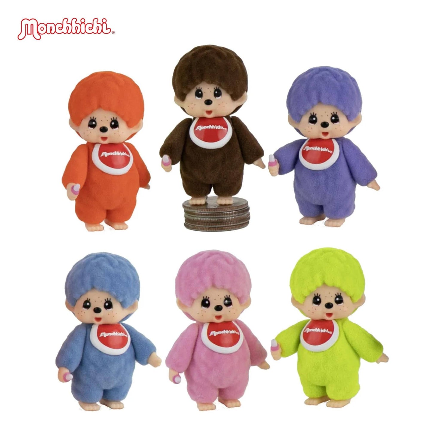 Set of colorful Monchhichi dolls with different hair colors on a white background.
