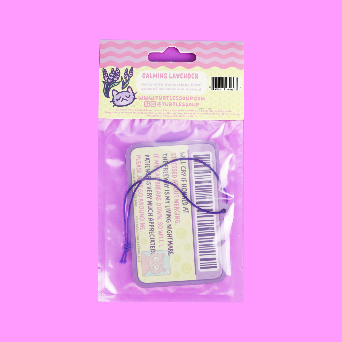 Package of calming lavender product with a purple background