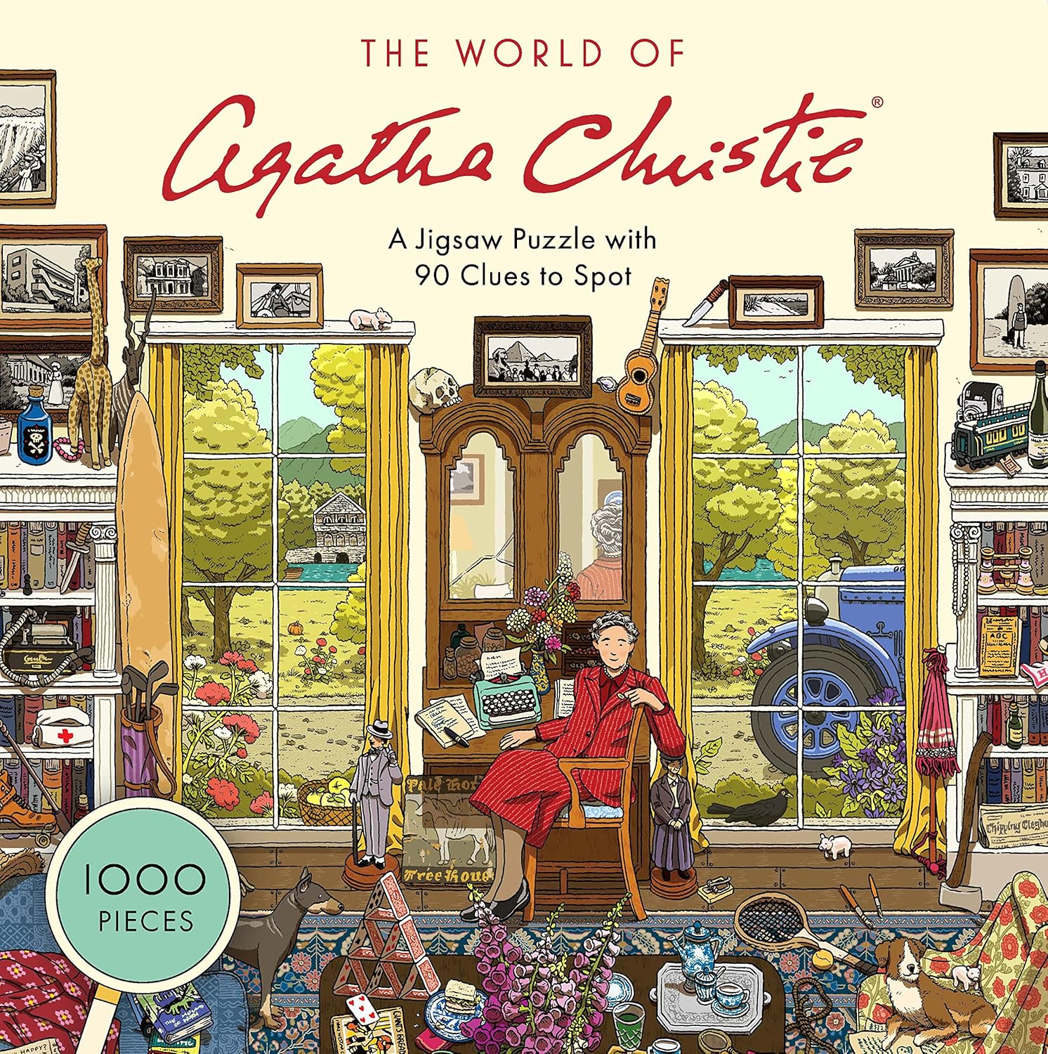 Jigsaw puzzle box featuring a scene from 'The World of Agatha Christie' with a woman sitting in a room filled with books and furniture.