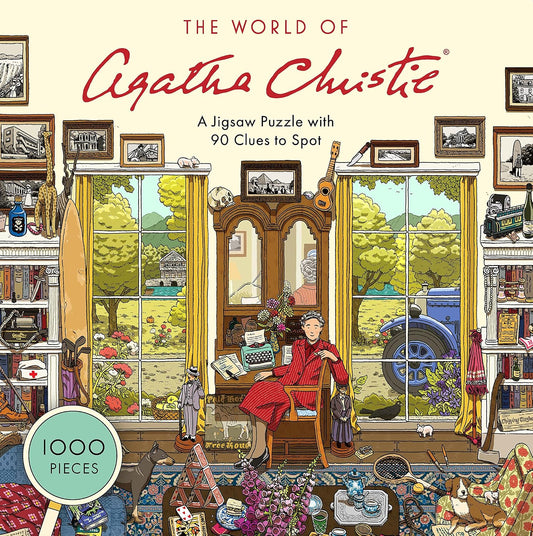 Jigsaw puzzle box featuring a scene from 'The World of Agatha Christie' with a woman sitting in a room filled with books and furniture.