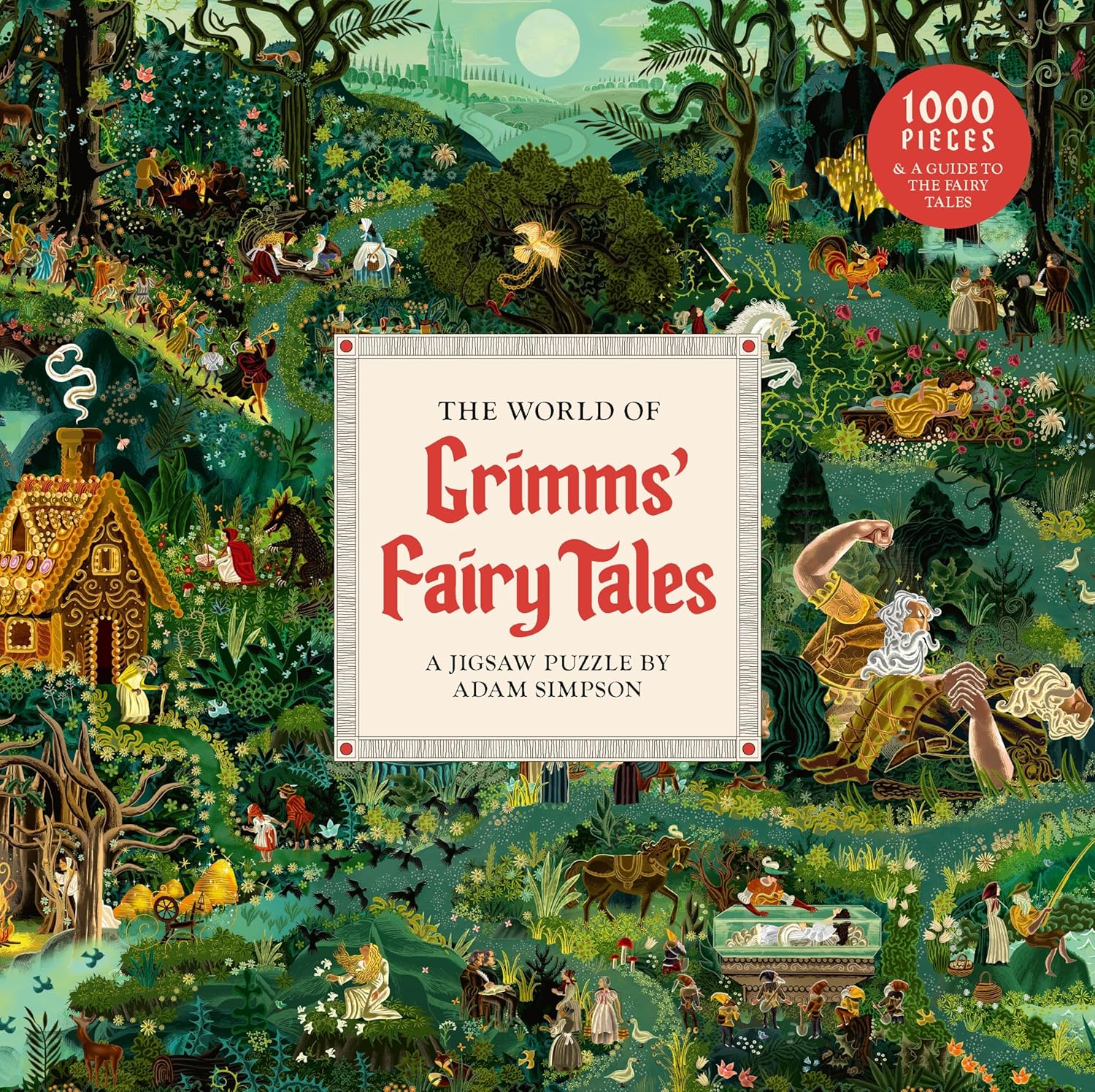 Jigsaw puzzle box cover featuring a colorful illustration of 'The World of Grimms' Fairy Tales' by Adam Simpson.
