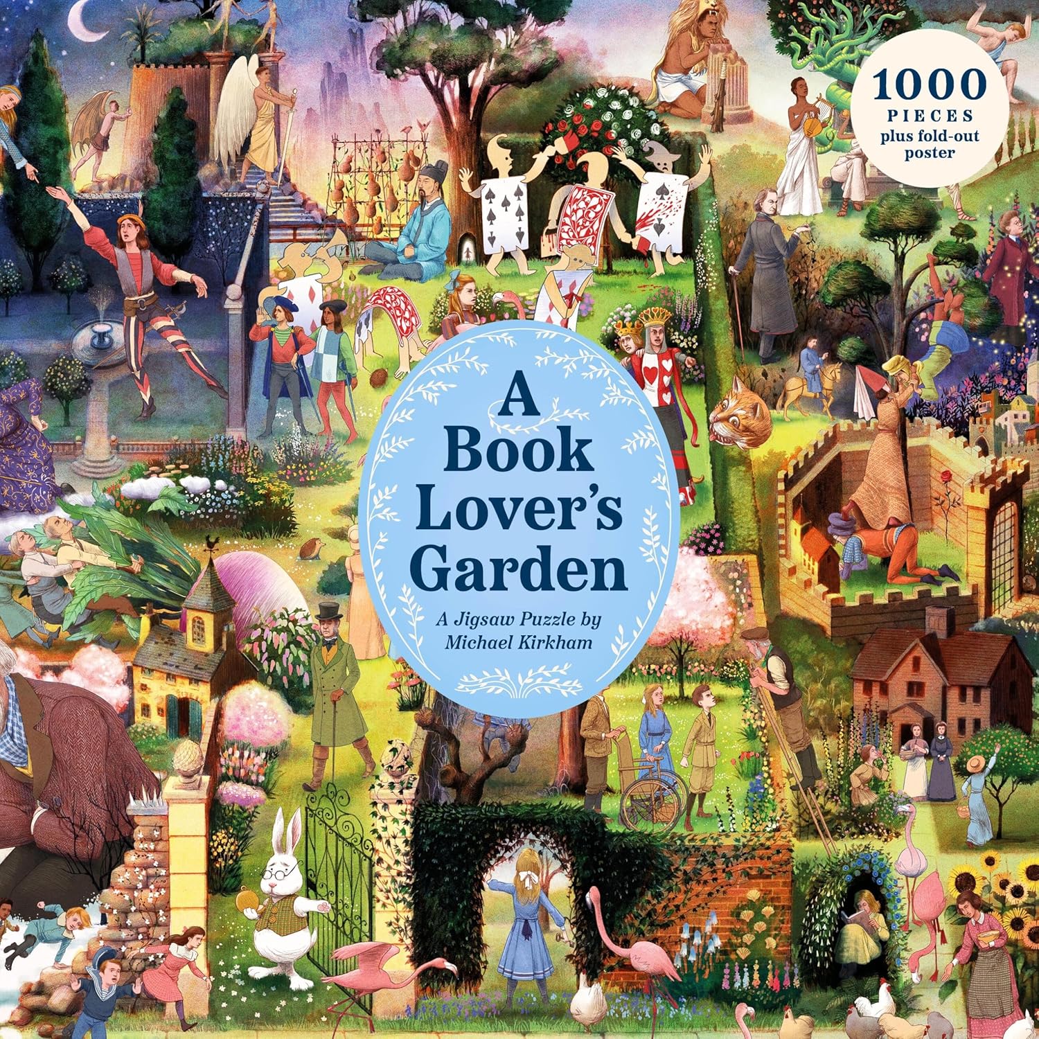 Jigsaw puzzle box titled 'A Book Lover's Garden' by Michael Kirkham with colorful illustrations of a garden scene.