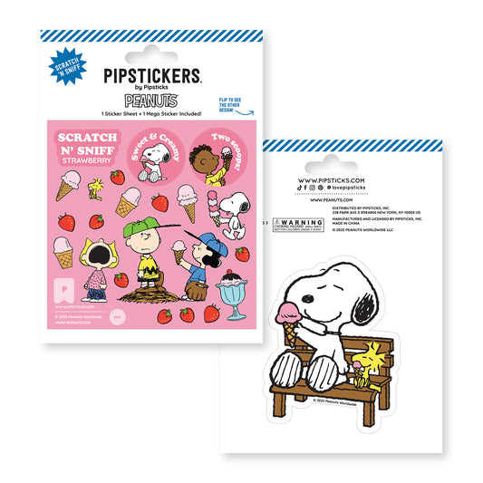 Pipsticks Peanuts Scratch 'N Sniff stickers with Snoopy and Woodstock on a bench.