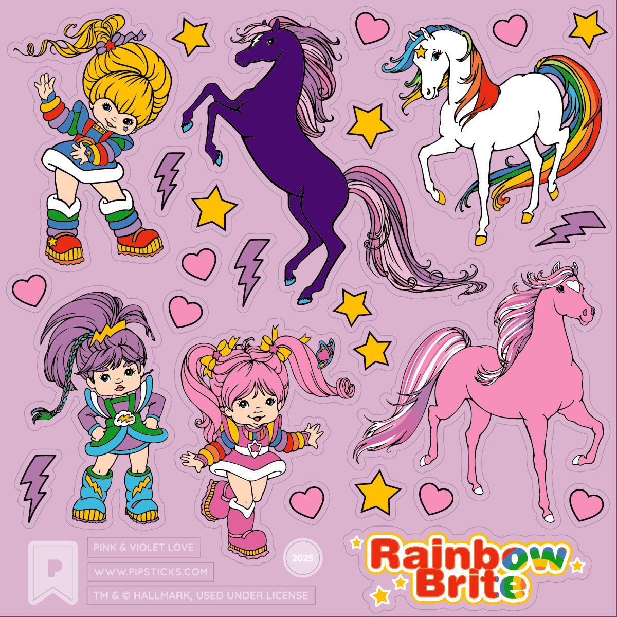 Sticker sheet with colorful characters and horses on a purple background, featuring the Rainbow Brite logo.
