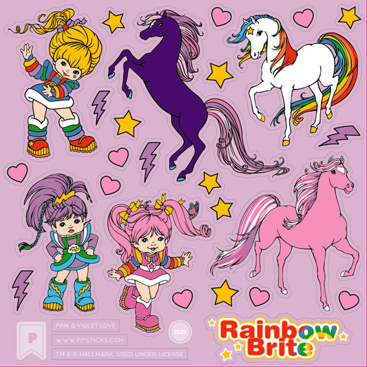 Sticker sheet with colorful characters and horses on a purple background, featuring the Rainbow Brite logo.