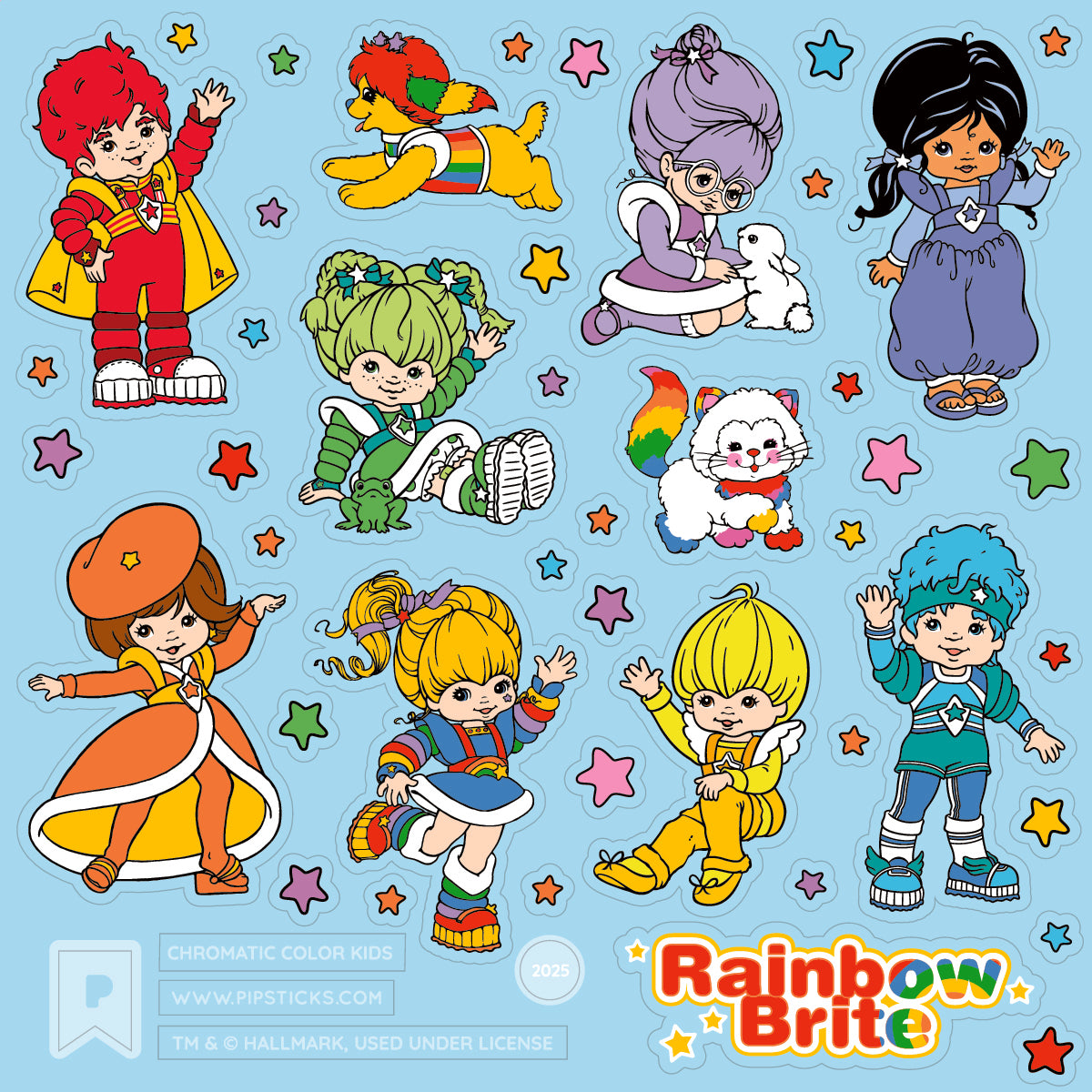 Colorful illustration of Rainbow Brite characters on a light blue background with stars.