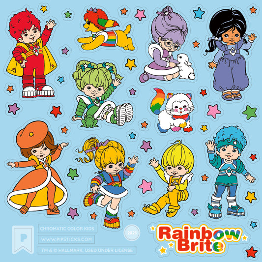 Colorful illustration of Rainbow Brite characters on a light blue background with stars.