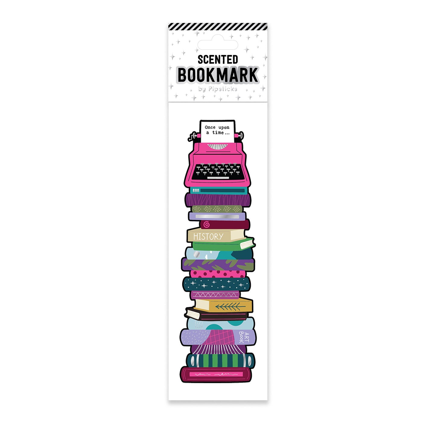 Scented bookmark with colorful books and typewriter design on a white background