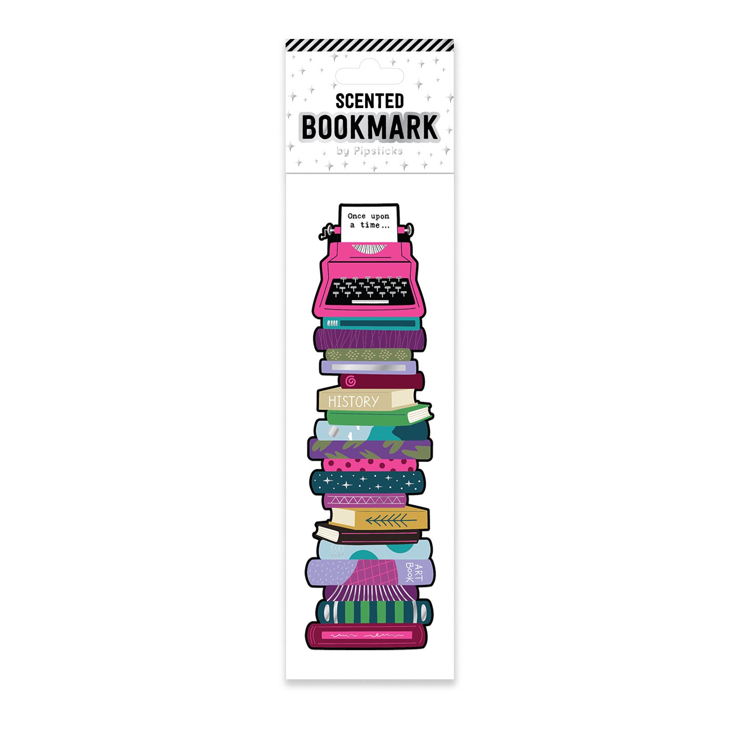 Scented bookmark with colorful books and typewriter design on a white background