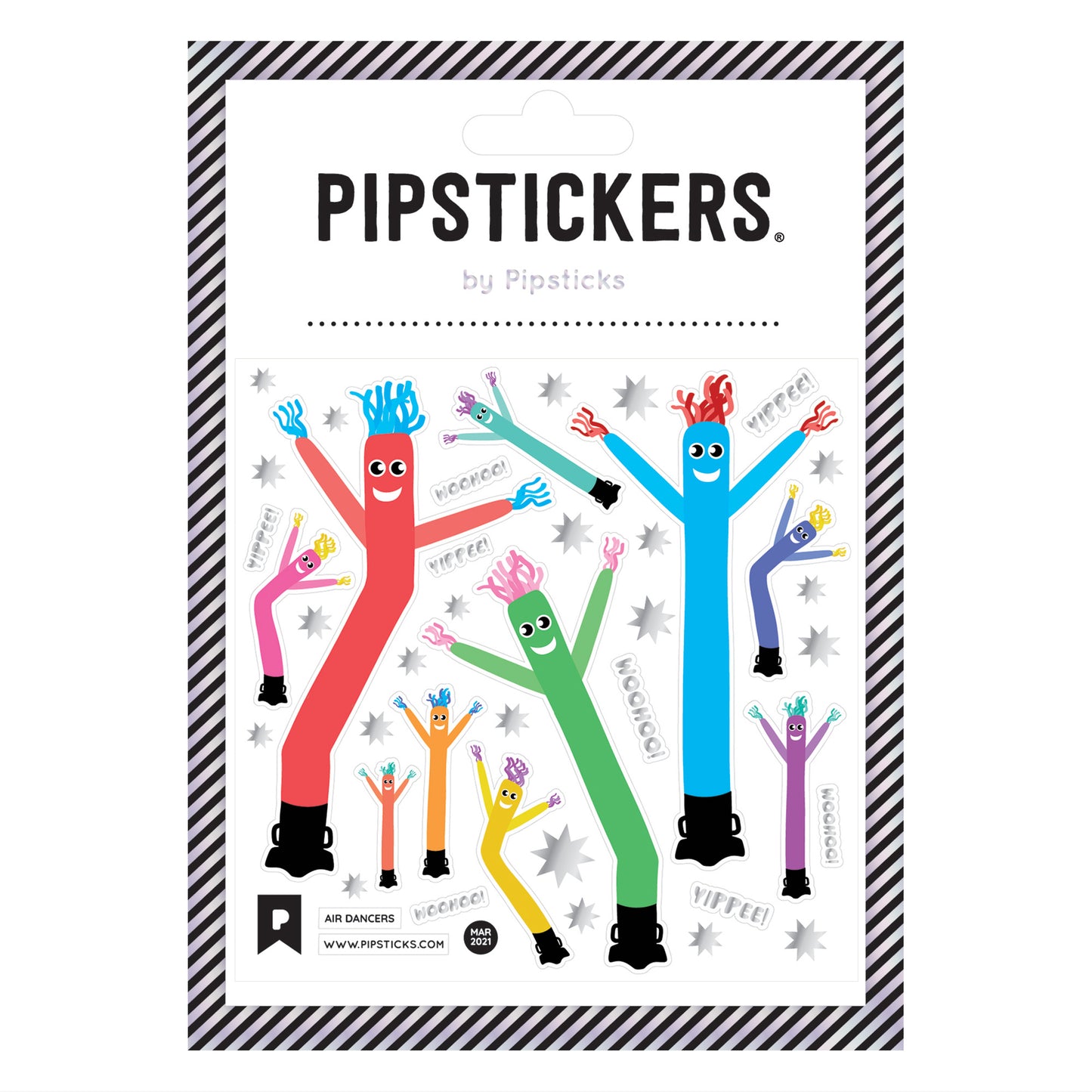 Packaging of Pipstickers with colorful stick figure illustrations on a white background.