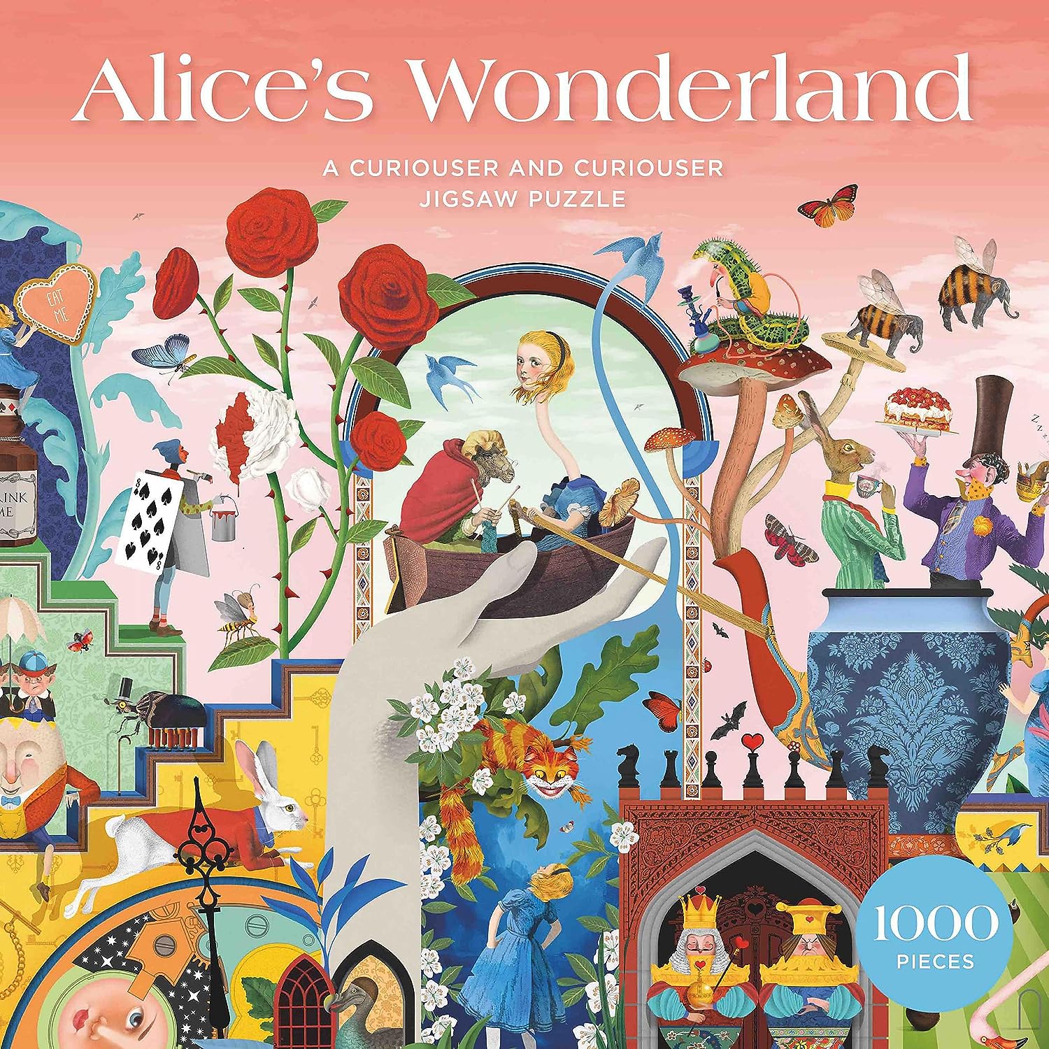 Jigsaw puzzle box cover featuring a colorful illustration of Alice in Wonderland with text 'Alice's Wonderland' and '1000 pieces'.