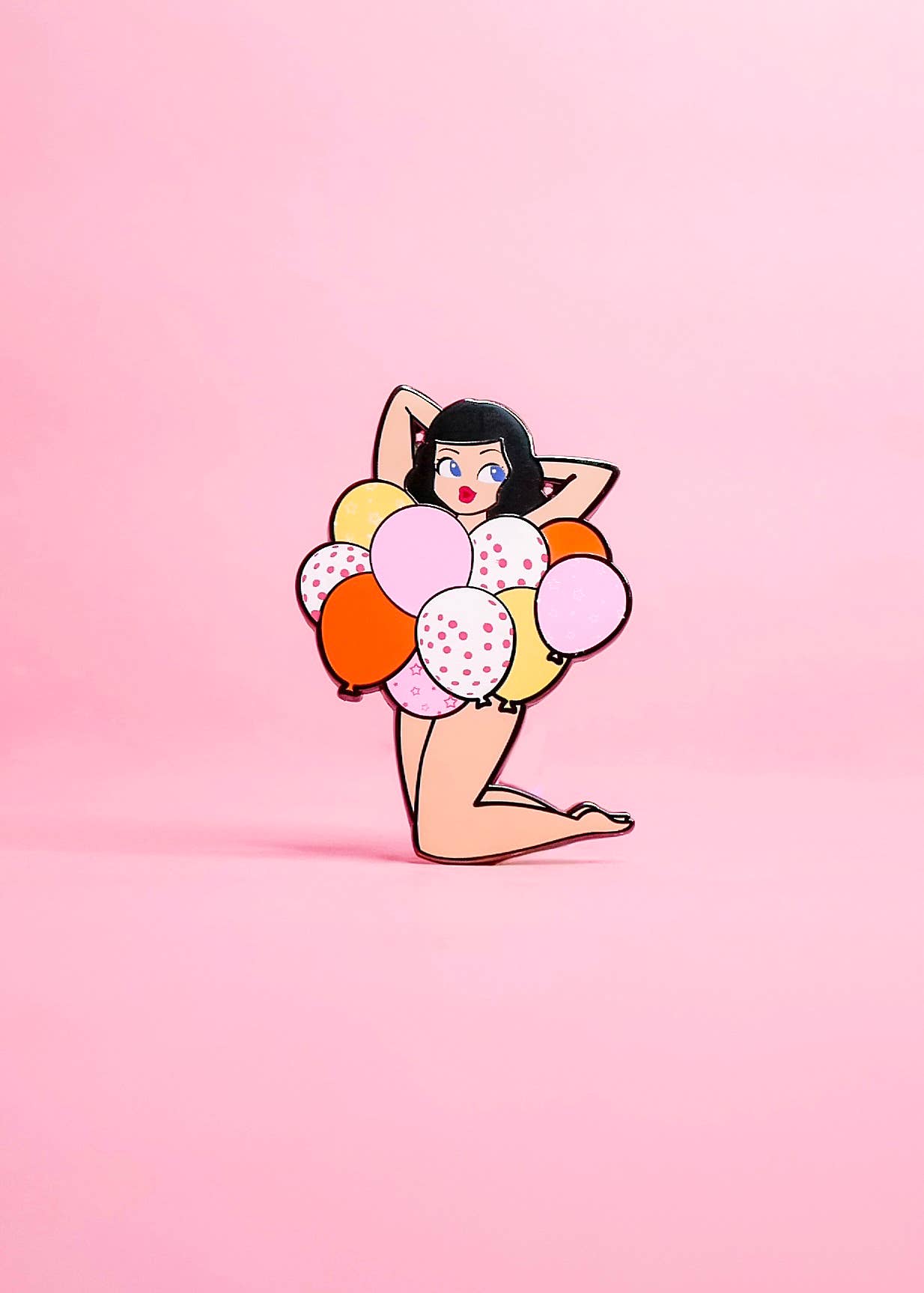 Illustration of a woman holding colorful balloons against a pink background