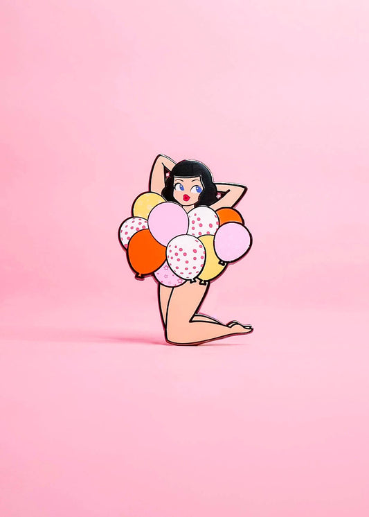 Illustration of a woman holding colorful balloons against a pink background