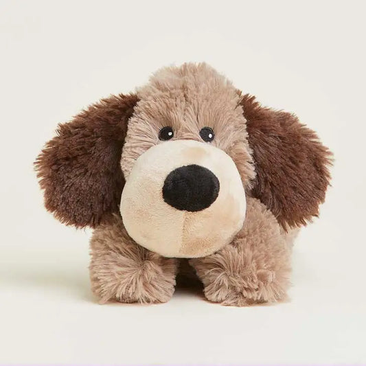 Plush dog toy with brown ears and beige body on a white background