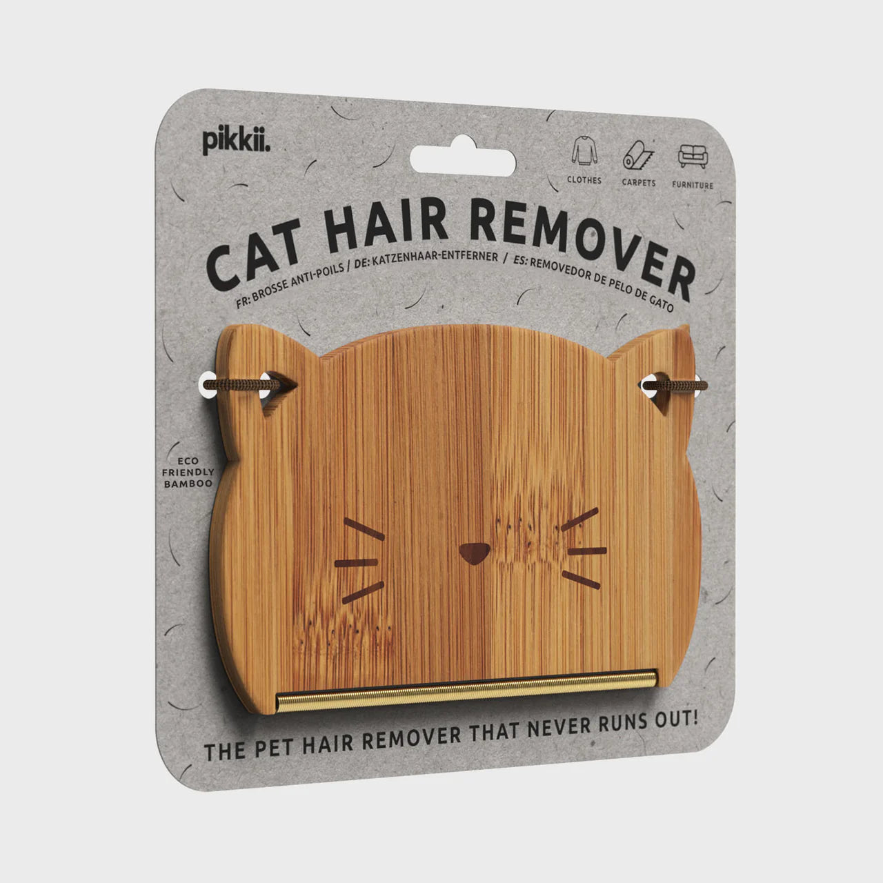 Cat hair remover with wooden design on a gray packaging background