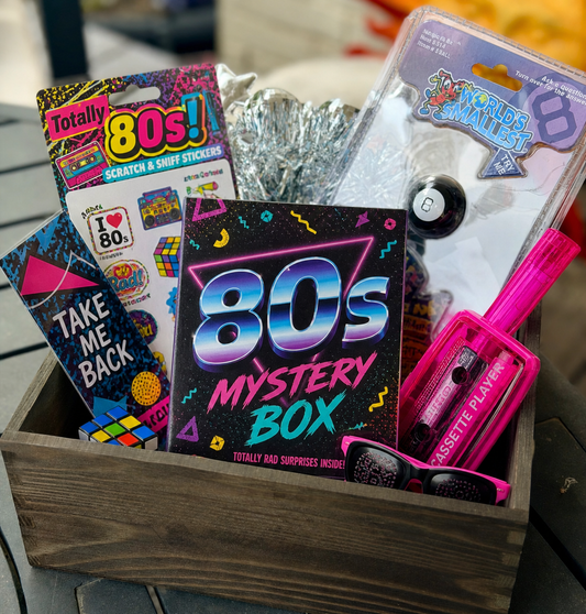 80s-themed mystery box with various retro items and packaging.