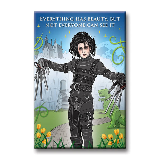 Character in dark costume holding scissors with castle and green dragon in background, quote 'Everything has beauty, but not everyone can see it'.