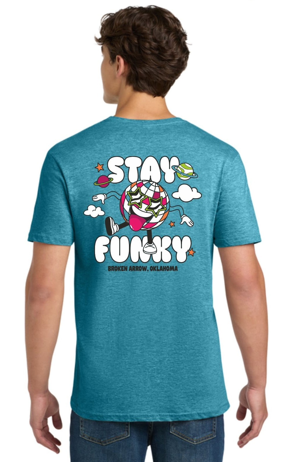 Person wearing a blue t-shirt with 'Stay Funky' graphic on the back