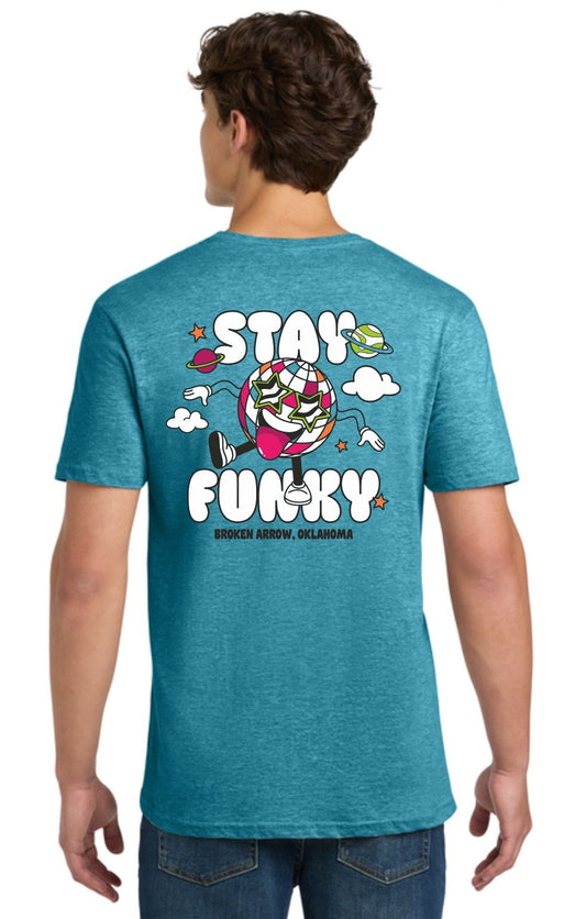 Person wearing a blue t-shirt with 'Stay Funky' graphic on the back