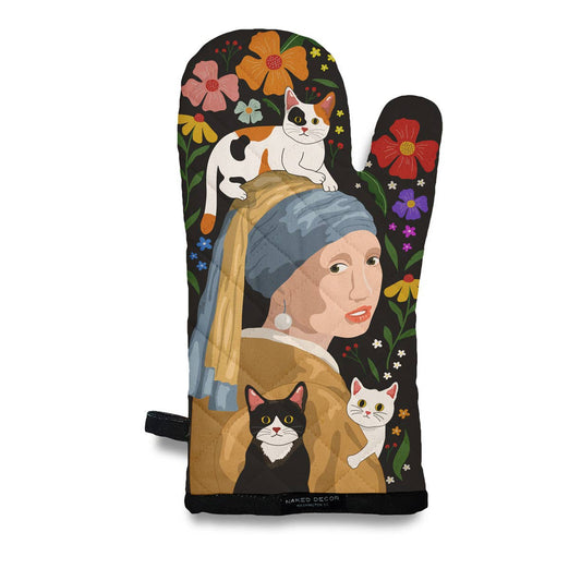 Oven mitt with a design inspired by 'Girl with a Pearl Earring' by Vermeer, featuring cats and flowers.