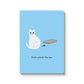 Notebook with a cat illustration and 'Think outside the box' text on a light blue background