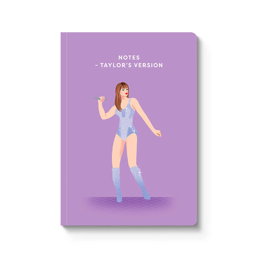 Notebook with a graphic of a Taylor Swift with text "Notes- Taylor's Version" on a purple background