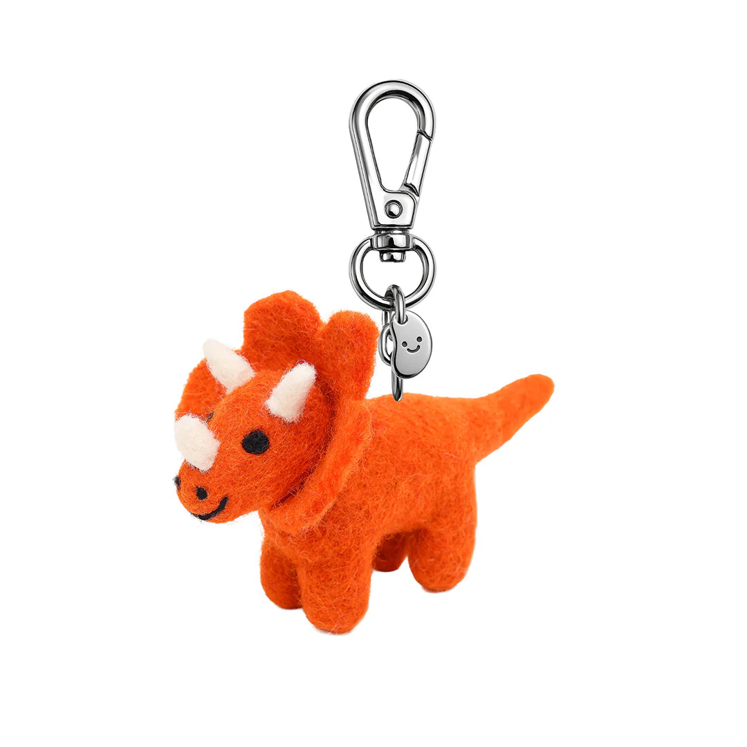 Orange felt dinosaur keychain with a carabiner on a white background