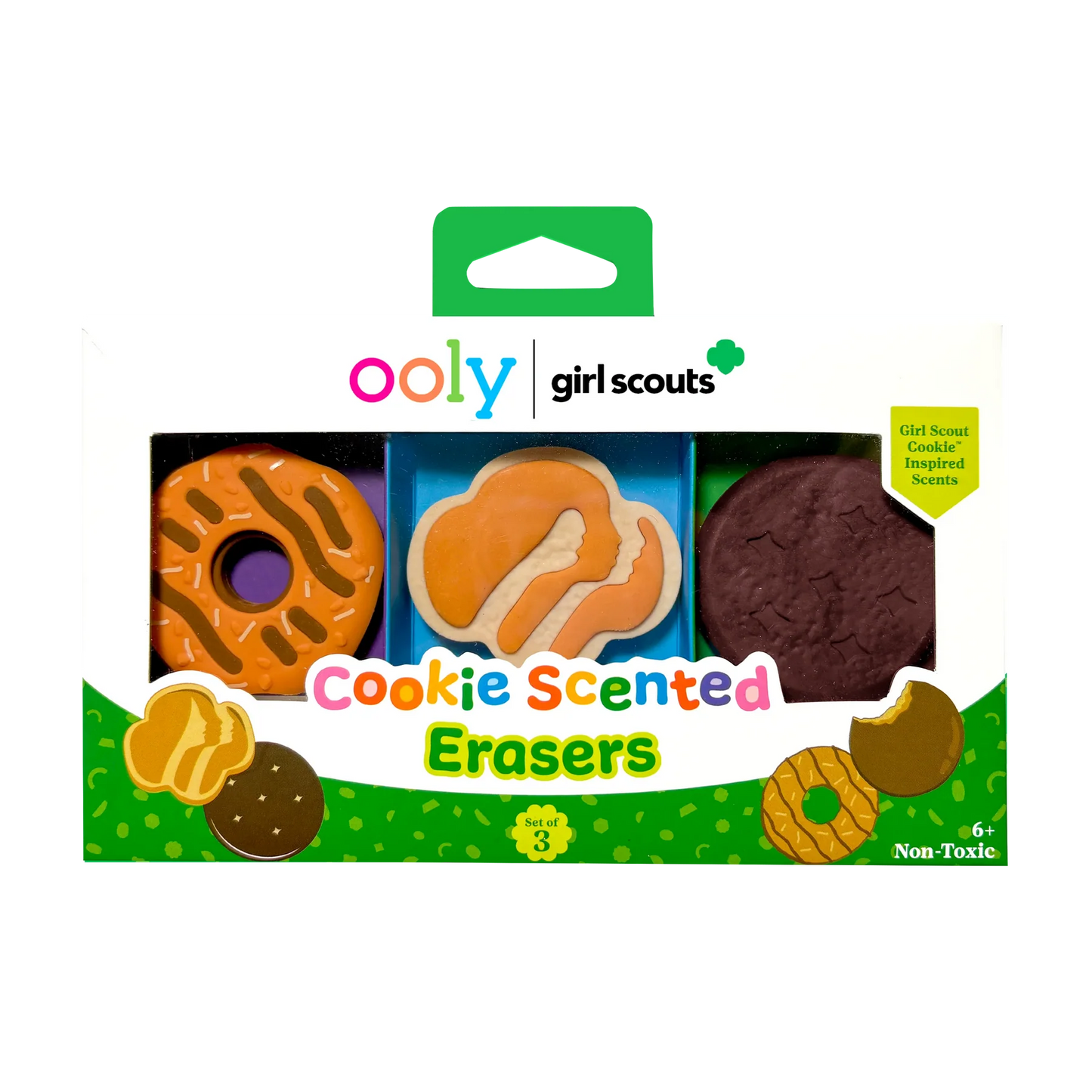 Pack of Girl Scout cookie scented erasers with colorful packaging.