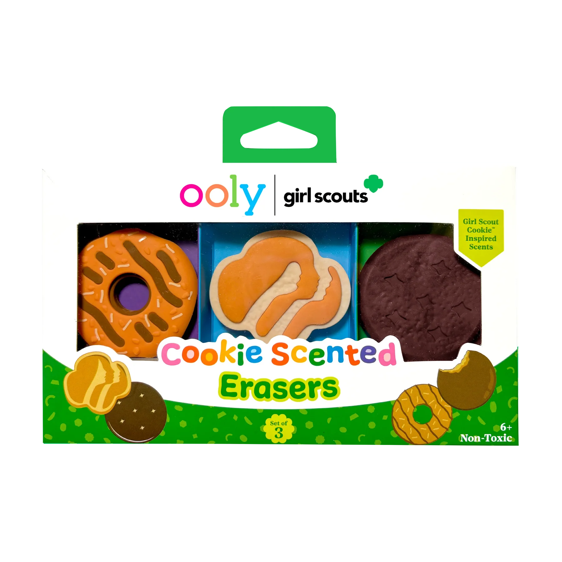 Pack of Girl Scout cookie scented erasers with colorful packaging.