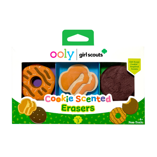 Pack of Girl Scout cookie scented erasers with colorful packaging.