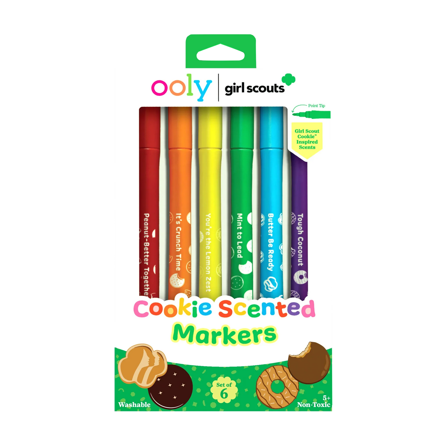 Pack of colorful cookie-scented markers with Ooly and Girl Scouts branding on a white background.