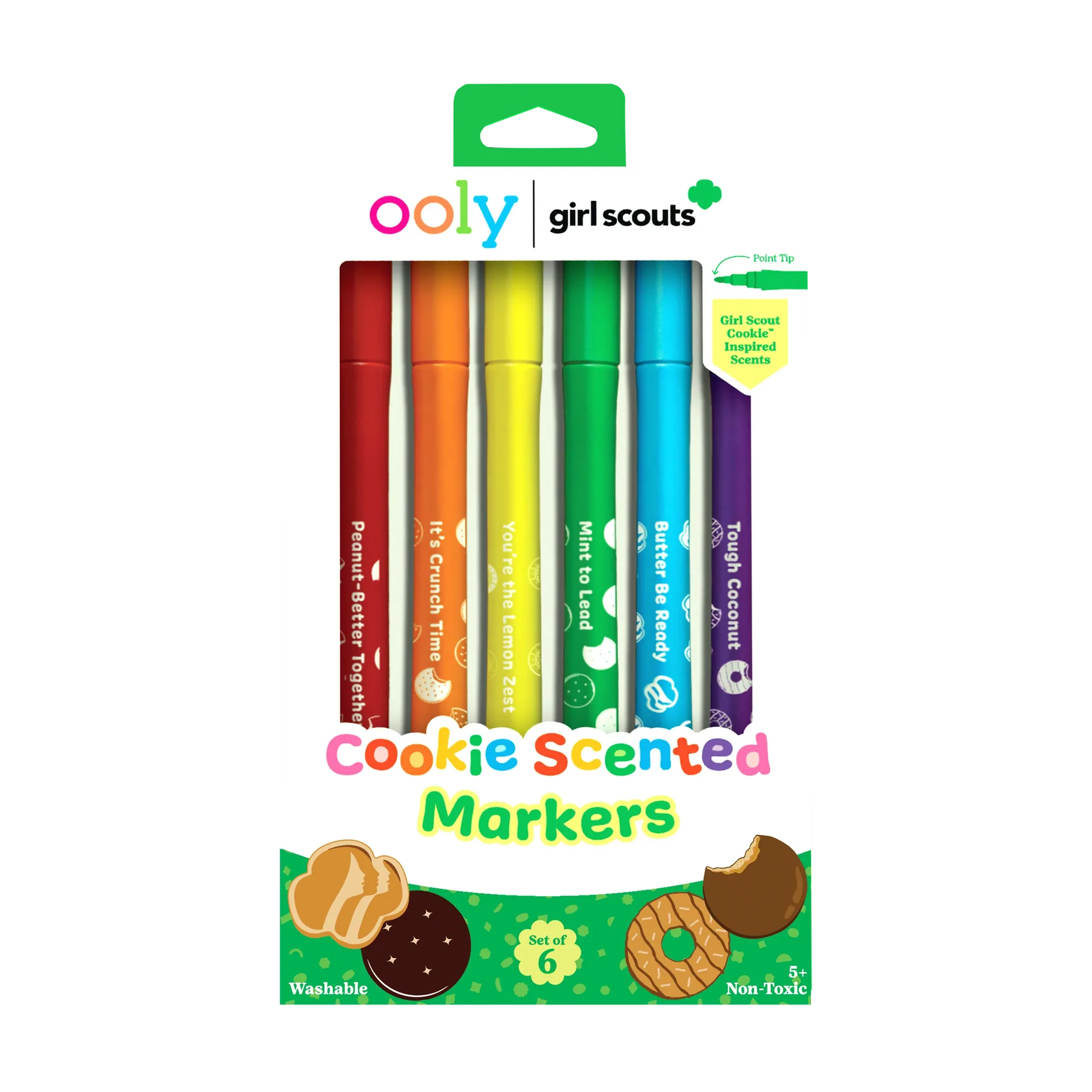 Pack of colorful cookie-scented markers with Ooly and Girl Scouts branding on a white background.