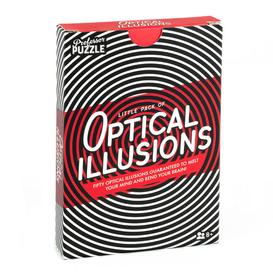 Pack of optical illusions with black, white, and red design on a white background