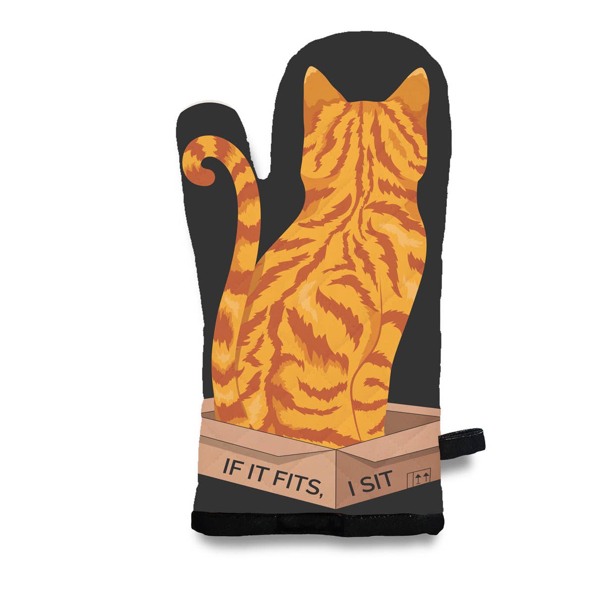 Oven mitt with a cat design and humorous text on a white background