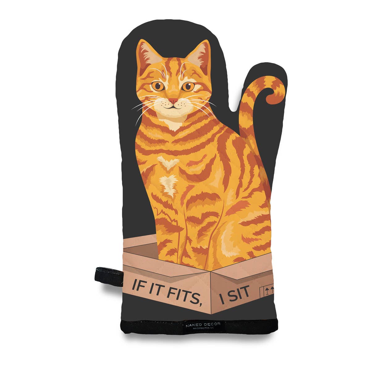 Oven mitt with a cat design and humorous text on a white background