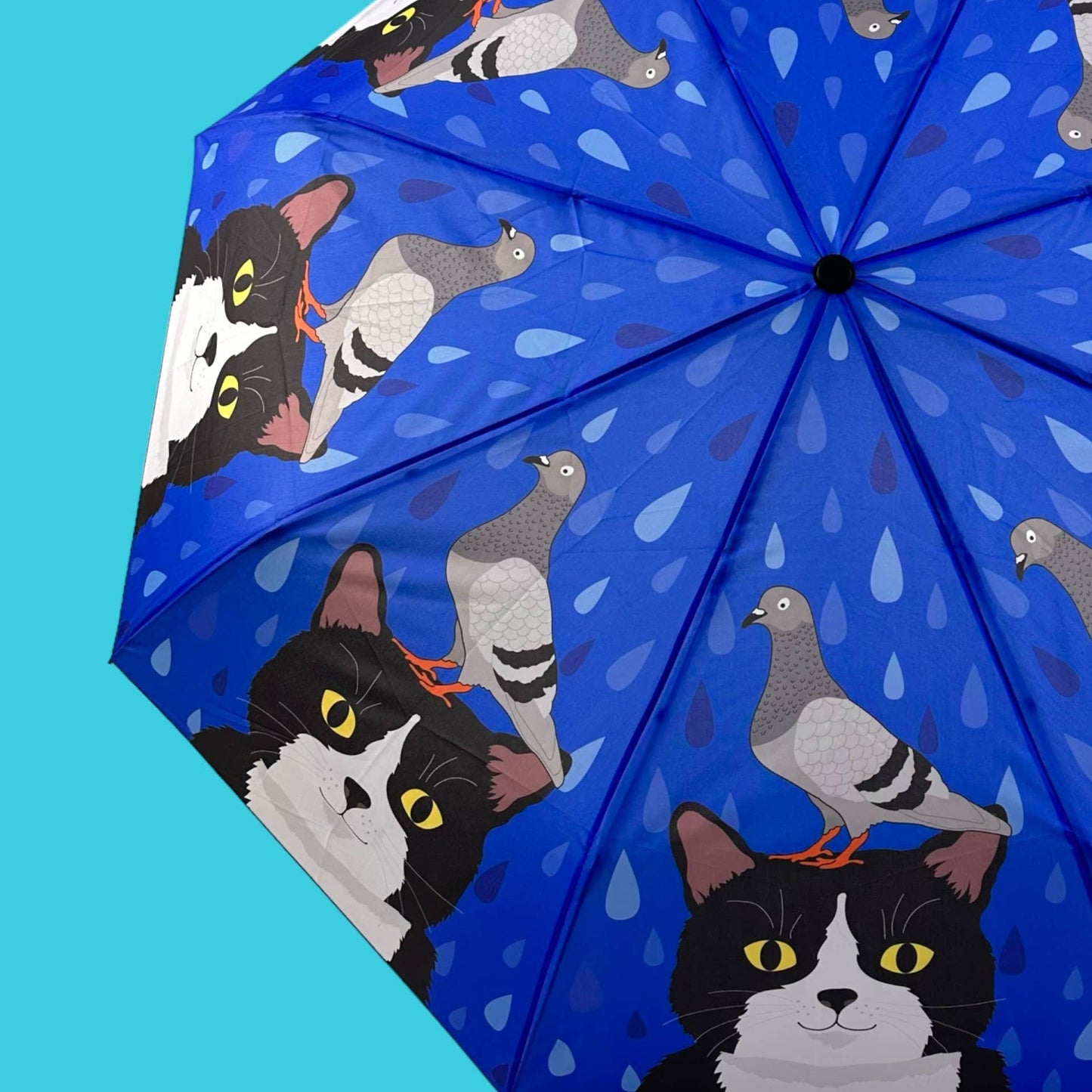 Umbrella with cat and pigeon design on a blue background