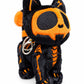 A black plush cat keychain with orange skeleton and eye details, featuring a silver metal keyring, set against a plain white background.