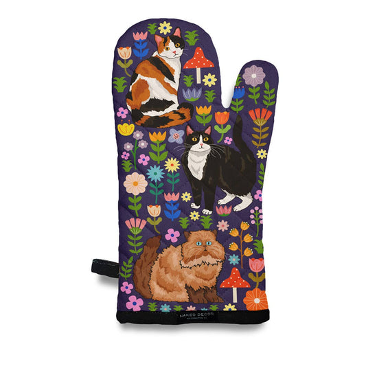 Oven mitt with cat designs and floral patterns on a purple background