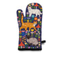 Oven mitt with cat designs and floral patterns on a white background